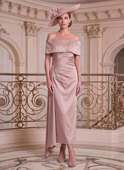 Sheath/Column Off-The-Shoulder Sleeveless Ankle-Length Satin Mother Of The Bride Dresses With Rhinestone