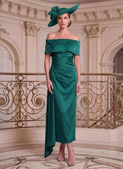 Sheath/Column Off-The-Shoulder Sleeveless Ankle-Length Satin Mother Of The Bride Dresses With Rhinestone