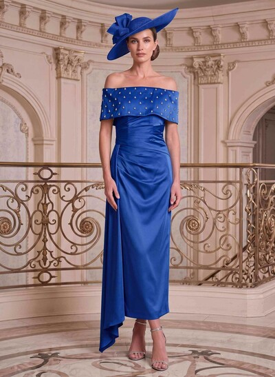Sheath/Column Off-The-Shoulder Sleeveless Ankle-Length Satin Mother Of The Bride Dress With Rhinestones