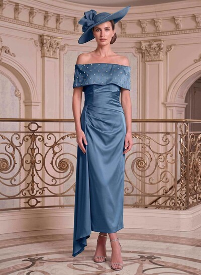 Sheath/Column Off-The-Shoulder Sleeveless Ankle-Length Satin Mother Of The Bride Dress With Diamantes