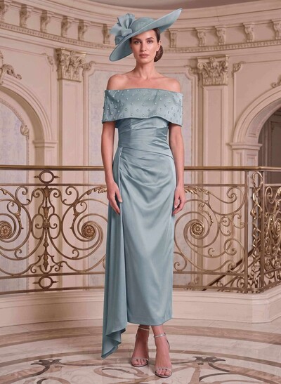 Sheath/Column Off-The-Shoulder Sleeveless Ankle-Length Satin Mother Of The Bride Dresses With Rhinestone
