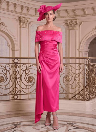Sheath/Column Off-The-Shoulder Sleeveless Ankle-Length Satin Mother Of The Bride Dresses With Rhinestone