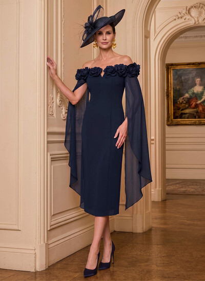 Sheath/Column Off-The-Shoulder Cape Sleeves Tea-Length Chiffon Mother Of The Bride Dresses With Flower