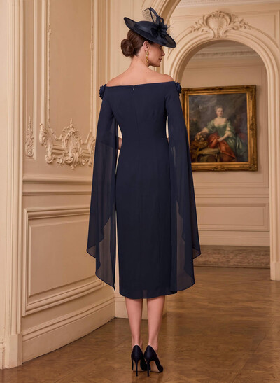 Sheath/Column Off-The-Shoulder Cape Sleeves Tea-Length Chiffon Mother Of The Bride Dresses With Flower