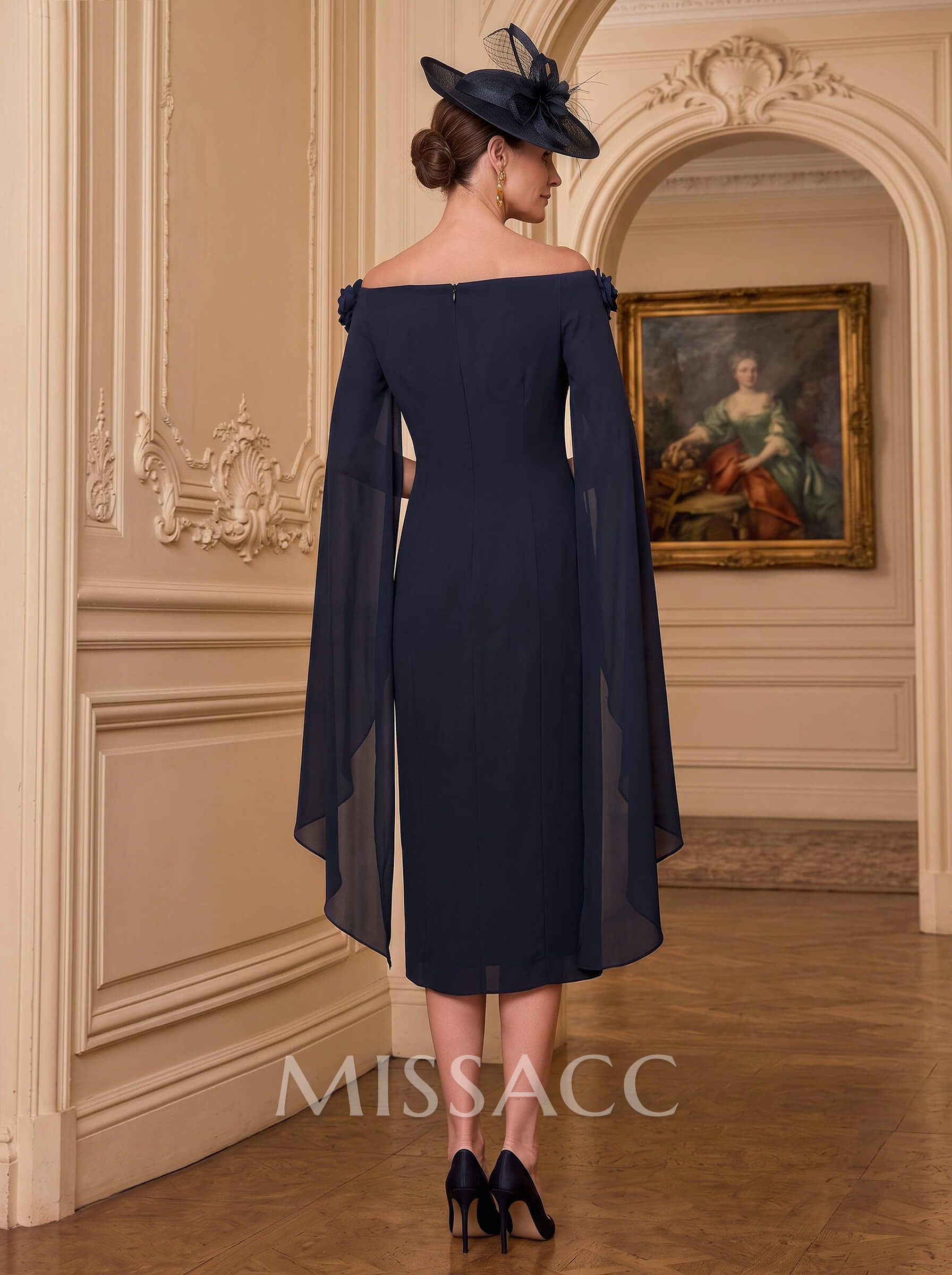 Sheath/Column Off-The-Shoulder Cape Sleeves Tea-Length Chiffon Mother Of The Bride Dresses With Flower