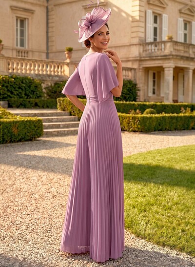 Jumpsuit/Pantsuit V-Neck Short Sleeves Floor-Length Chiffon Mother Of The Bride Dresses With Pleated
