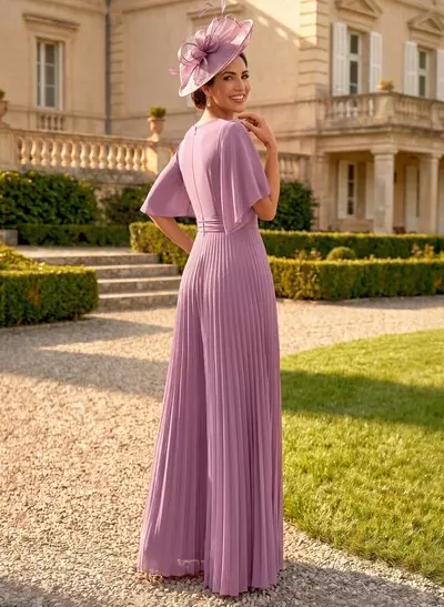 V-Neck Short Sleeve Floor-Length Chiffon Pleated Jumpsuit/Pantsuit For Mother Of The Bride