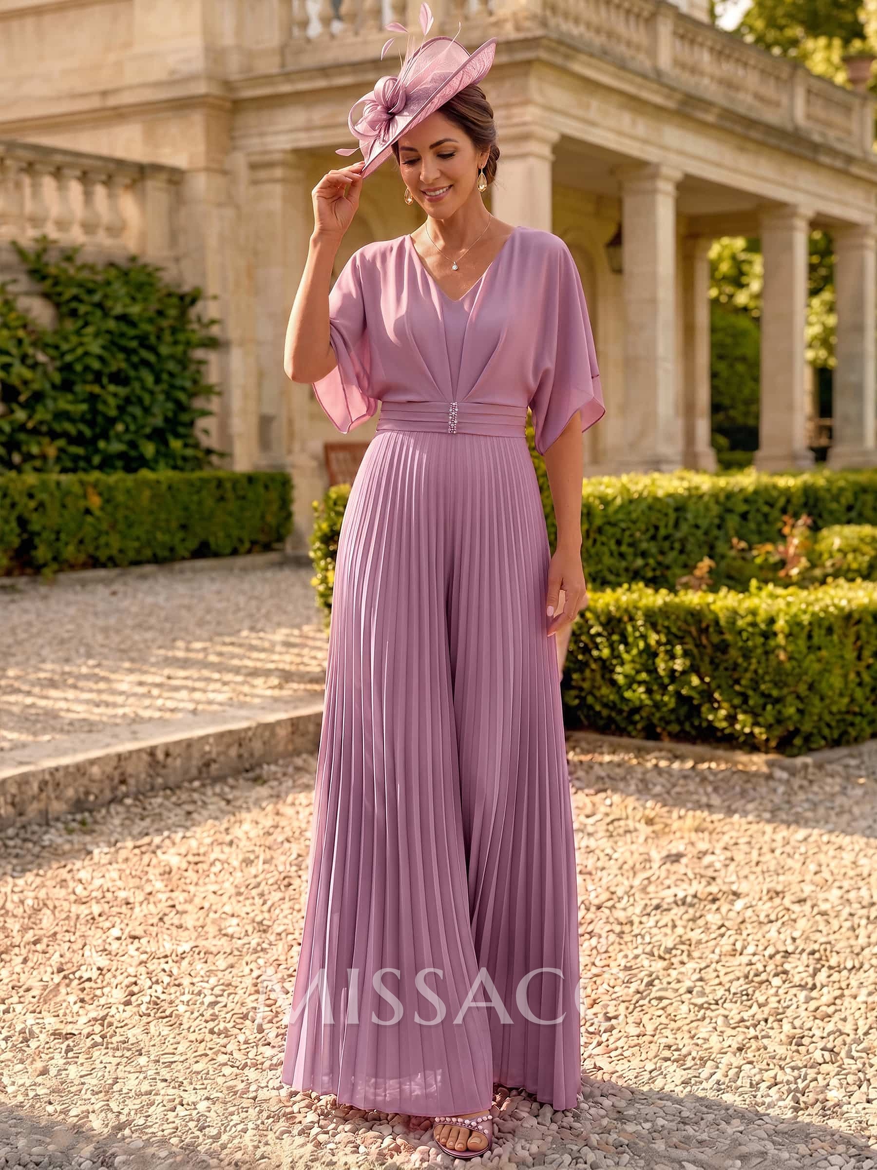 Jumpsuit/Pantsuit V-Neck Short Sleeves Floor-Length Chiffon Mother Of The Bride Dresses With Pleated