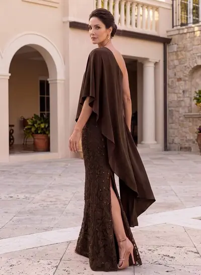 Sheath/Column Asymmetrical Half Sleeves Floor-Length Stretch Satin Mother Of The Bride Dresses With Lace