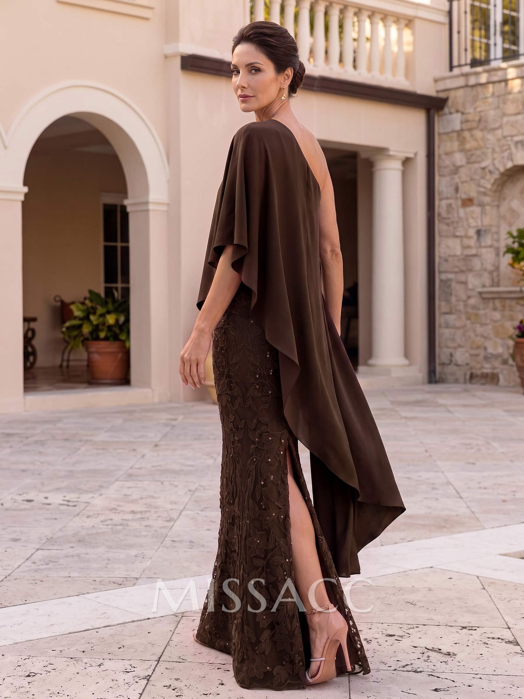 Sheath/Column Asymmetrical 1/2 Sleeves Floor-Length Stretch Satin Mother Of The Bride Dresses With Lace