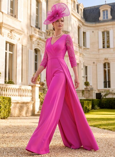 V-Neck 3/4 Sleeve Floor-Length Stretch Satin Mother Of The Bride Jumpsuit With Lace Details