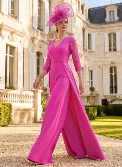 V-Neck 3/4 Sleeve Floor-Length Stretch Satin Mother Of The Bride Jumpsuit With Lace Details
