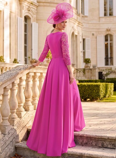 V-Neck 3/4 Sleeve Floor-Length Stretch Satin Mother Of The Bride Jumpsuit With Lace Details