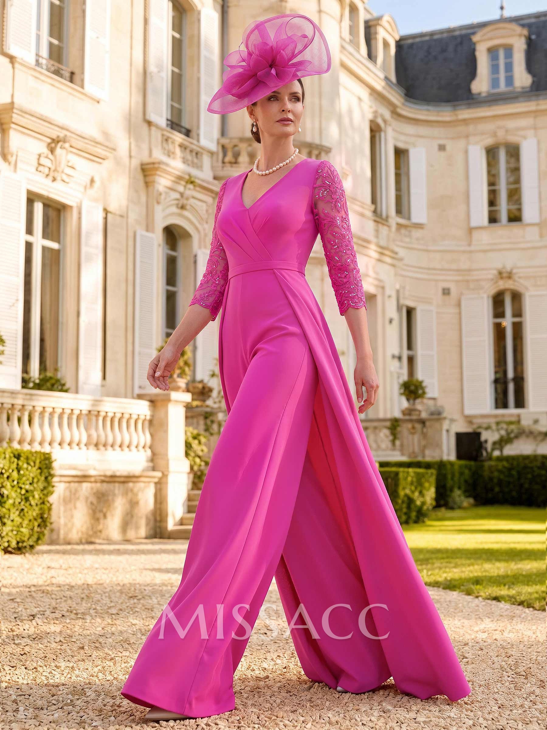 V-Neck 3/4 Sleeve Floor-Length Stretch Satin Mother Of The Bride Jumpsuit With Lace Details