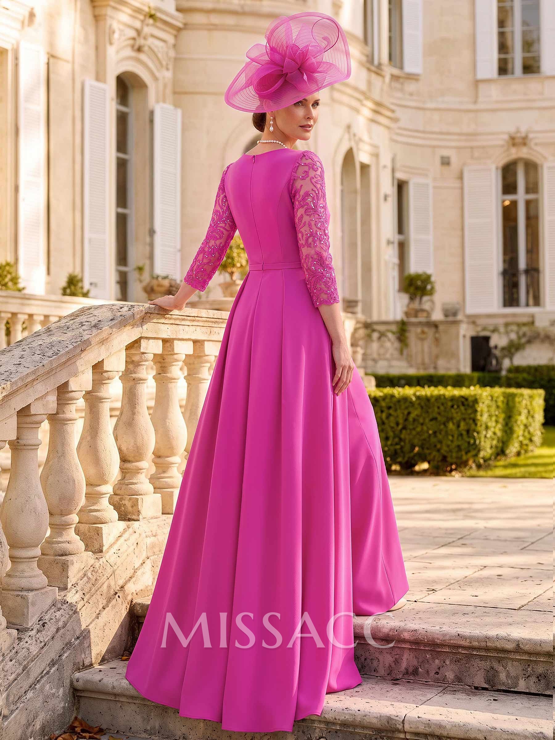 V-Neck 3/4 Sleeve Floor-Length Stretch Satin Mother Of The Bride Jumpsuit With Lace Details