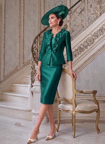 Sheath/Column/Two Piece Scoop Neck 3/4 Sleeves Knee-Length Satin Mother Of The Bride Dresses With Flower/Back Slit