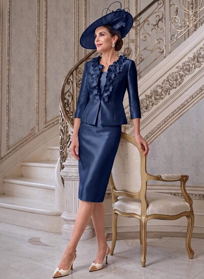 Sheath/Column/Two Piece Scoop Neck 3/4 Sleeves Knee-Length Satin Mother Of The Bride Dresses With Flower/Back Slit