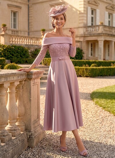 A-Line Off-The-Shoulder 3/4 Sleeves Tea-Length Lace/Satin Mother Of The Bride Dresses With Bow