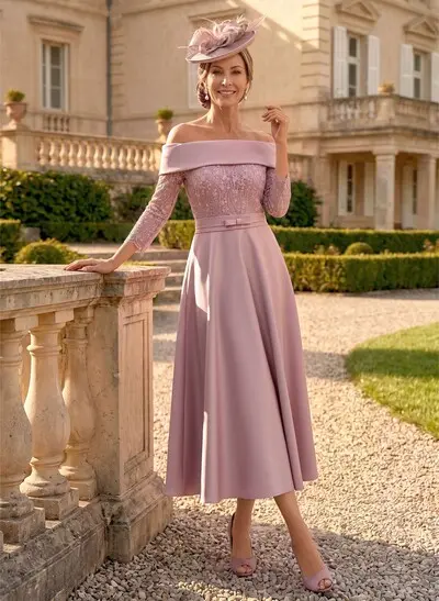 A-Line Off-The-Shoulder 3/4 Sleeve Midi Lace & Satin Mother Of The Bride Dress With Bow