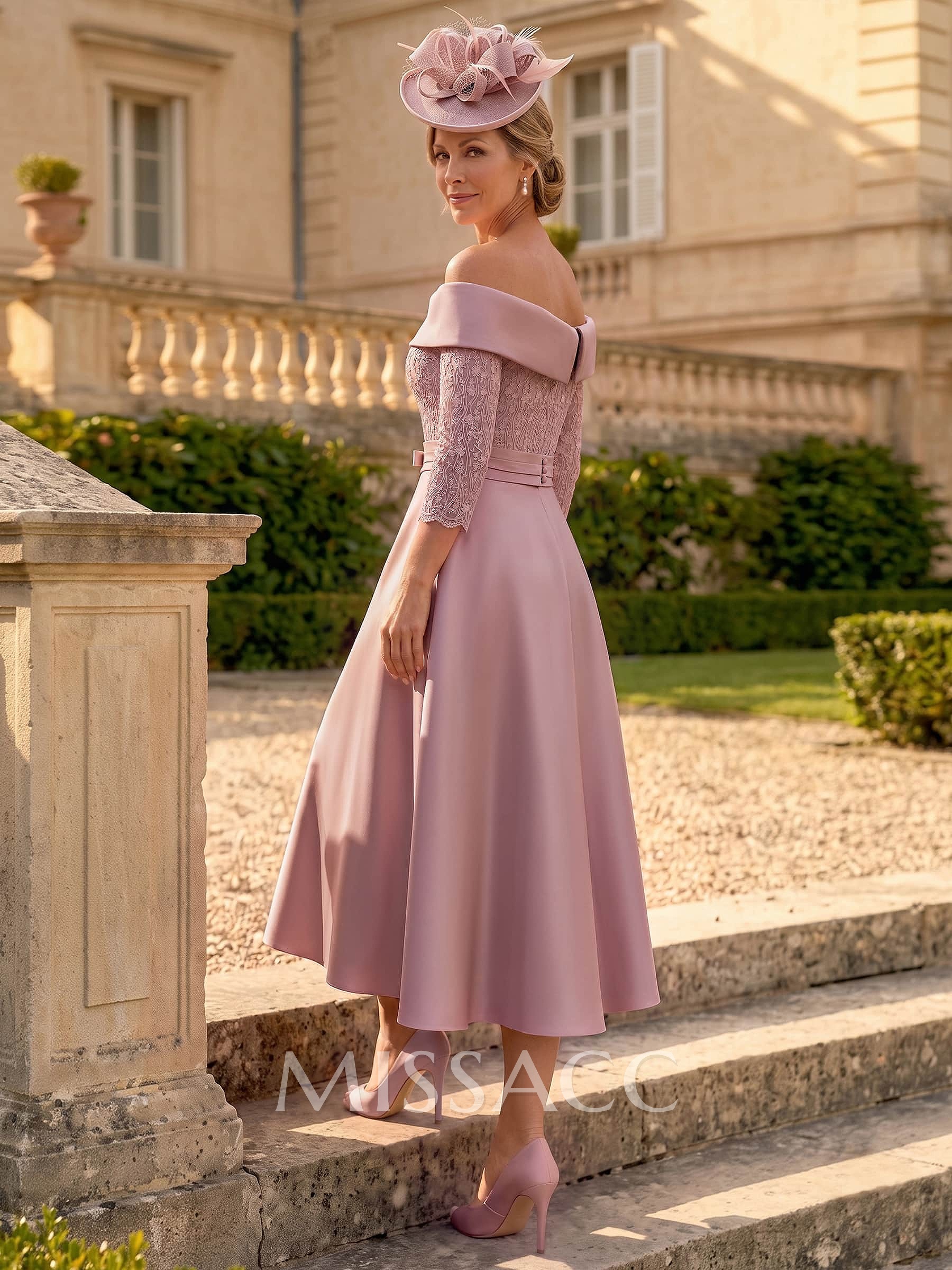 A-Line Off-The-Shoulder 3/4 Sleeves Tea-Length Lace/Satin Mother Of The Bride Dresses With Bow