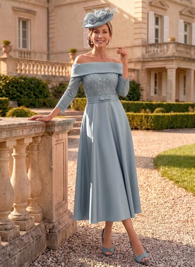A-Line Off-The-Shoulder 3/4 Sleeves Tea-Length Lace/Satin Mother Of The Bride Dresses With Bow