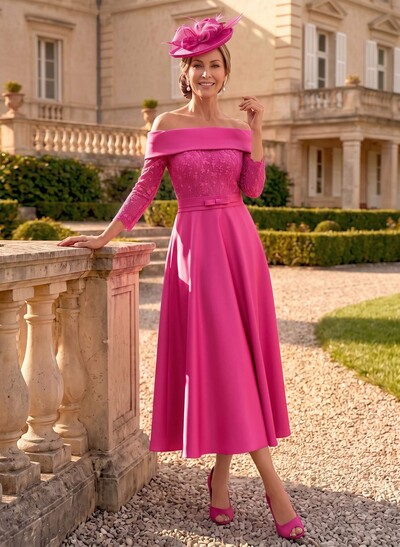 A-Line Off-The-Shoulder 3/4 Sleeve Tea-Length Lace & Satin Mother of the Bride Dress with Bow