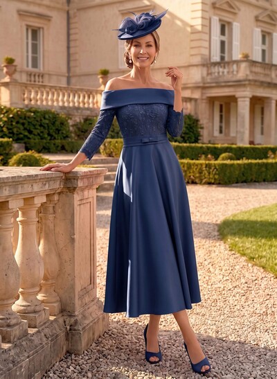 A-Line Off-The-Shoulder 3/4 Sleeves Tea-Length Lace/Satin Mother Of The Bride Dresses With Bow