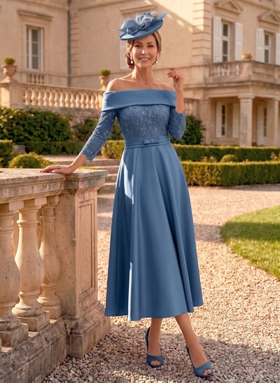 A-Line Off-The-Shoulder 3/4 Sleeve Tea-Length Lace & Satin Mother of the Bride Dress with Bow