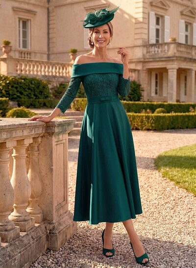A-Line Off-The-Shoulder 3/4 Sleeves Tea-Length Lace/Satin Mother Of The Bride Dresses With Bow