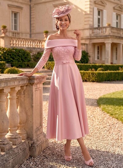 A-Line Off-The-Shoulder 3/4 Sleeves Tea-Length Lace/Satin Mother Of The Bride Dresses With Bow