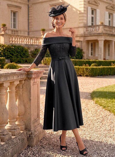 A-Line Off-The-Shoulder 3/4 Sleeve Tea-Length Lace & Satin Mother of the Bride Dress with Bow