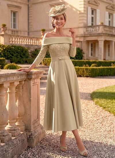 A-Line Off-The-Shoulder 3/4 Sleeves Tea-Length Lace/Satin Mother Of The Bride Dresses With Bow