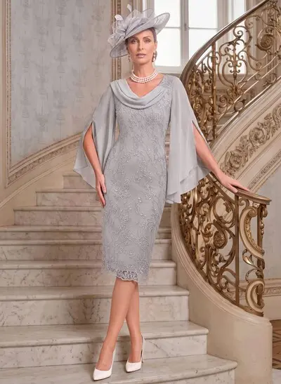 Sheath/Column Cowl Neck Cape Sleeve Knee-Length Chiffon & Lace Mother Of The Bride Dress With Lace Appliques