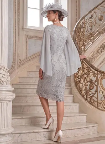 Sheath/Column Cowl Neck Cape Sleeve Knee-Length Chiffon & Lace Mother Of The Bride Dress With Lace Appliques
