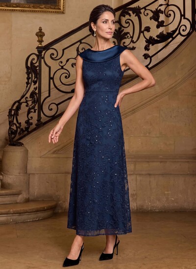 A-Line Scoop Neck Sleeveless Ankle-Length Lace/Satin Cocktail Dresses With Appliques Lace