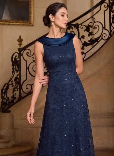 A-Line Scoop Neck Sleeveless Ankle-Length Lace & Satin Mother Of The Bride Dress With Lace Appliques