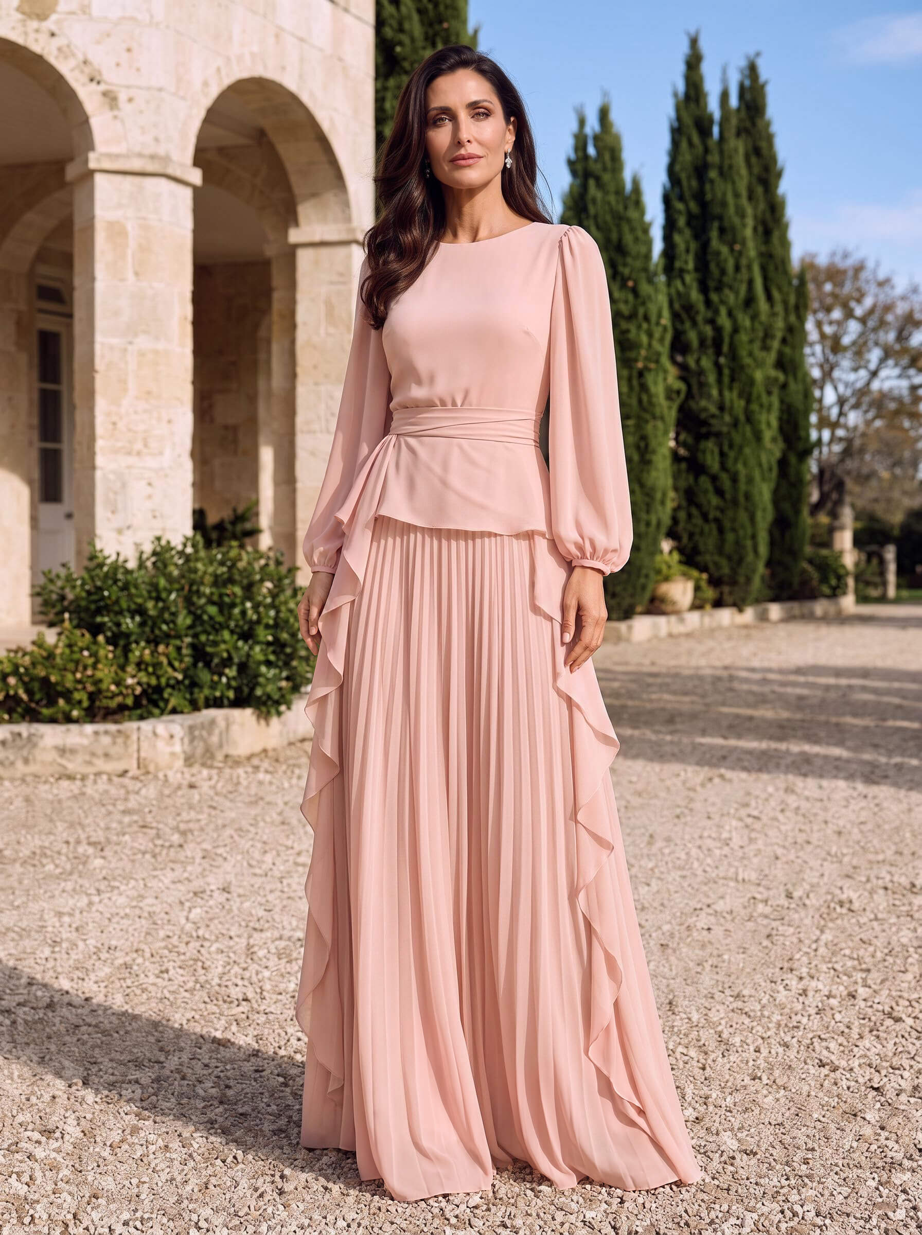 Jumpsuit/Pantsuit Scoop Neck 3/4 Sleeves Floor-Length Chiffon Mother Of The Bride Dresses With Ruffle/Sash