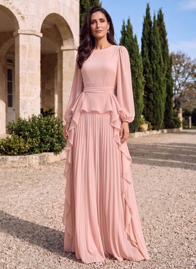 Jumpsuit/Pantsuit Scoop Neck 3/4 Sleeves Floor-Length Chiffon Mother Of The Bride Dresses With Ruffle/Sash