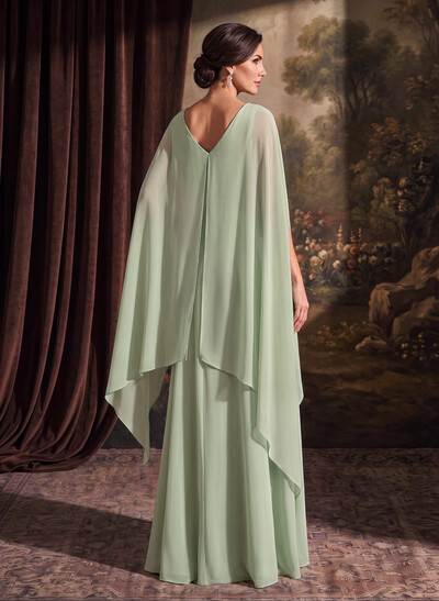 Sheath/Column Scoop Neck Cape Sleeves Floor-Length Chiffon Mother Of The Bride Dresses With Sash/Sweeping Side Drape