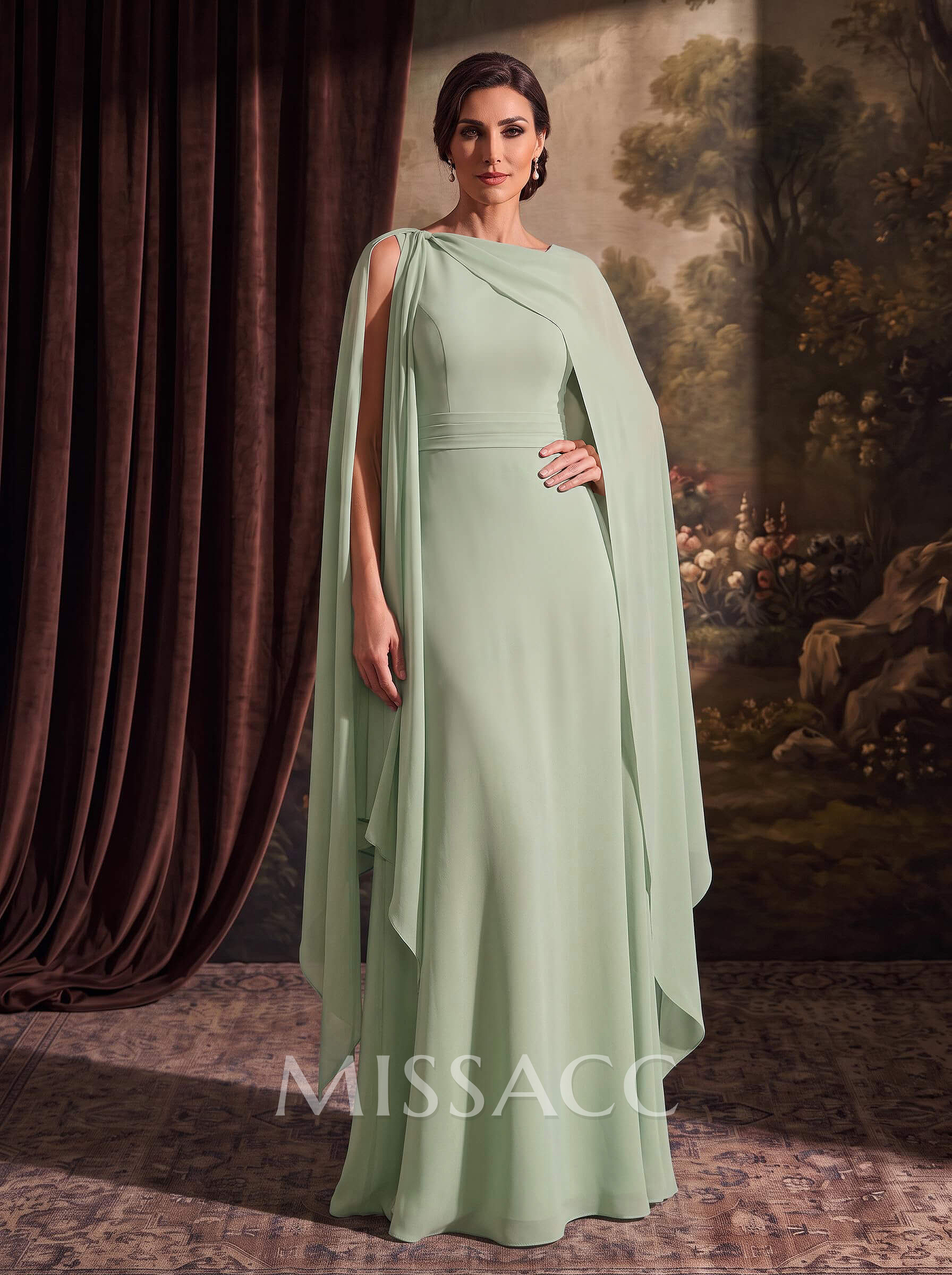 Sheath/Column Scoop Neck Cape Sleeves Floor-Length Chiffon Mother Of The Bride Dresses With Sash/Sweeping Side Drape