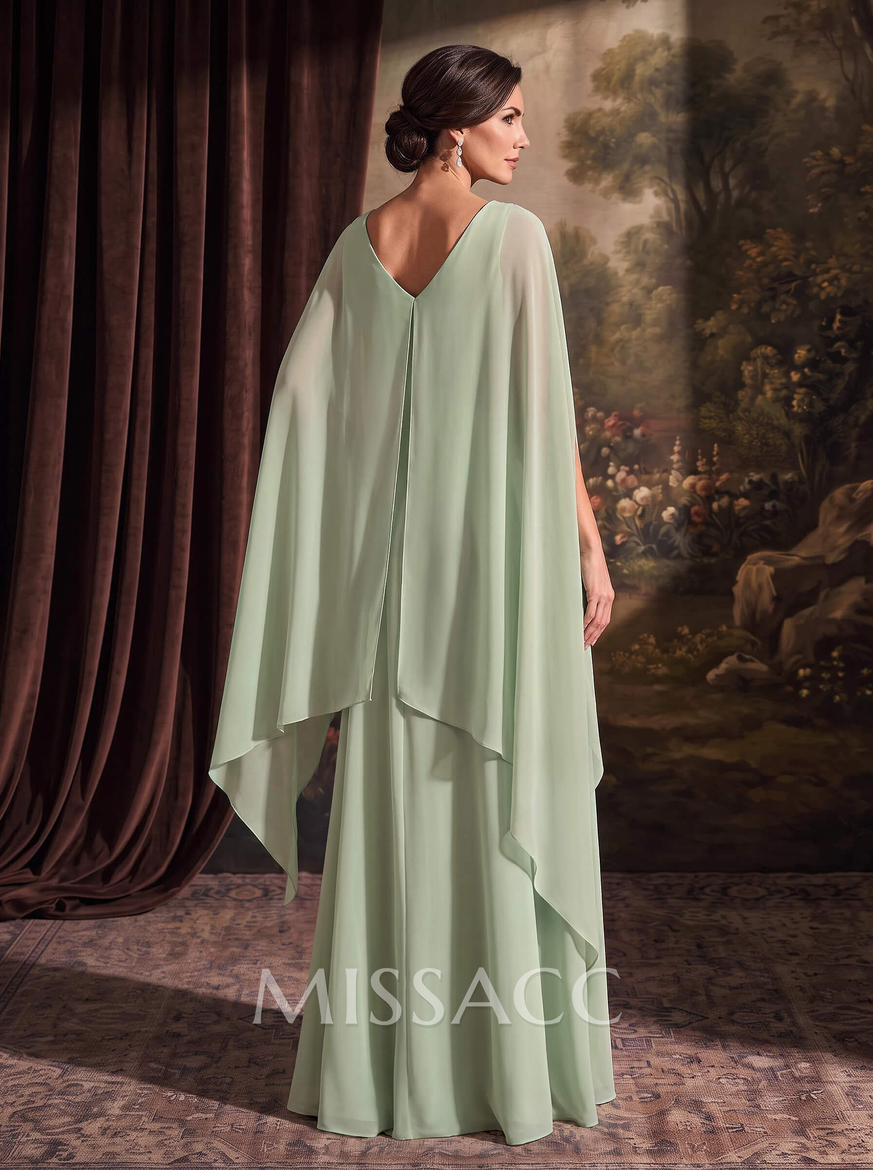 Sheath/Column Scoop Neck Cape Sleeves Floor-Length Chiffon Mother Of The Bride Dresses With Sash/Sweeping Side Drape