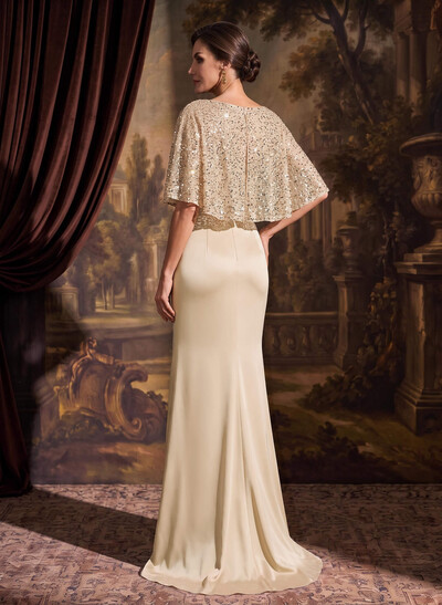 Trumpet/Mermaid Square Neckline 1/2 Sleeves Floor-Length Crepe Satin Mother Of The Bride Dresses With Split Front/Sequins