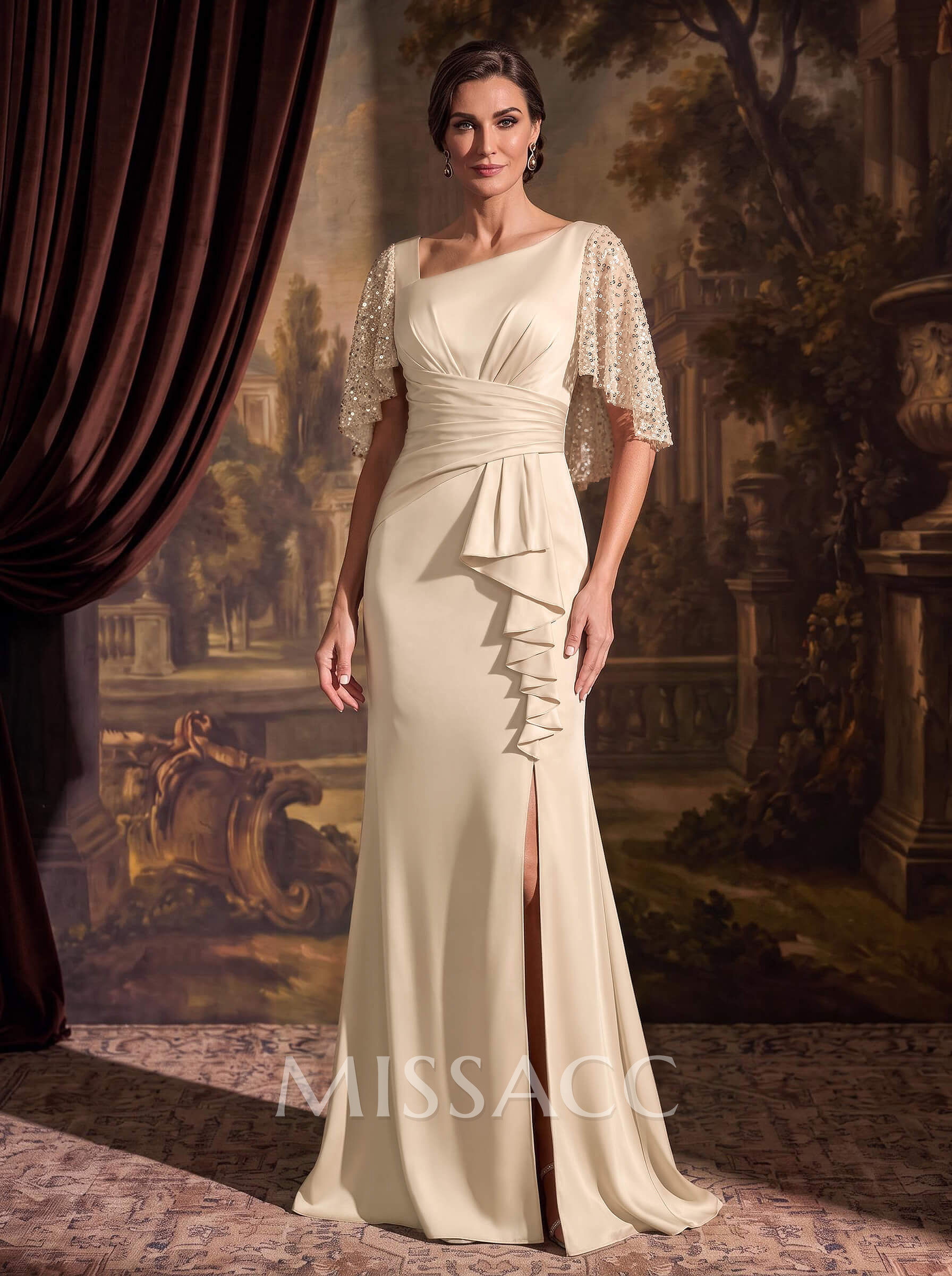 Trumpet/Mermaid Square Neckline 1/2 Sleeves Floor-Length Crepe Satin Mother Of The Bride Dresses With Split Front/Sequins