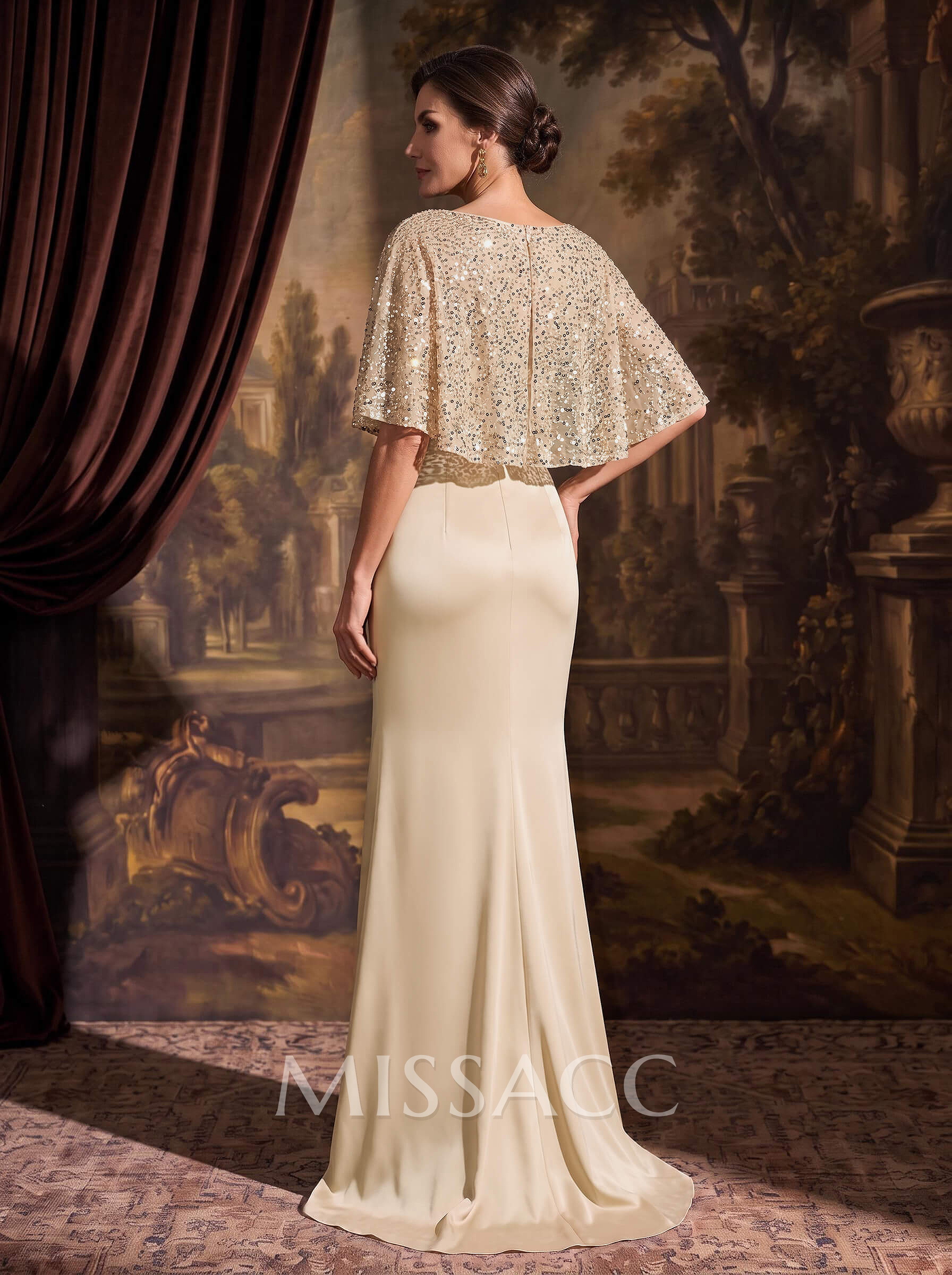 Trumpet/Mermaid Square Neckline 1/2 Sleeves Floor-Length Crepe Satin Mother Of The Bride Dresses With Split Front/Sequins