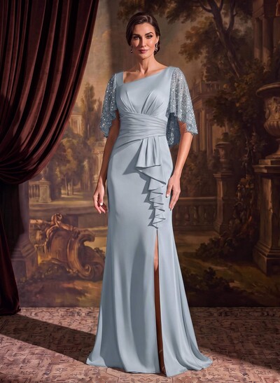 Trumpet/Mermaid Square Neckline 1/2 Sleeves Sweep Train Crepe Satin Mother Of The Bride Dresses With Split Front/Sequins