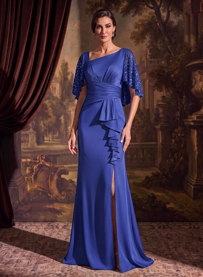 Trumpet/Mermaid Square Neckline Half Sleeve Floor-Length Crepe Satin Mother of the Bride Dresses with Front Split/Sequins