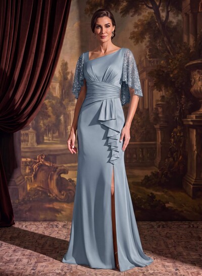 Trumpet/Mermaid Square Neck Half Sleeve Floor-Length Crepe Satin Mother of the Bride Dresses with Front Split/Sequins