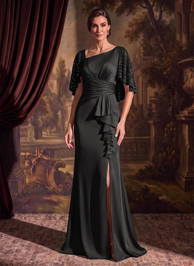 Trumpet/Mermaid Square Neck Half Sleeve Sweep Train Crepe Satin Mother Of The Bride Dress With Front Split And Sequins