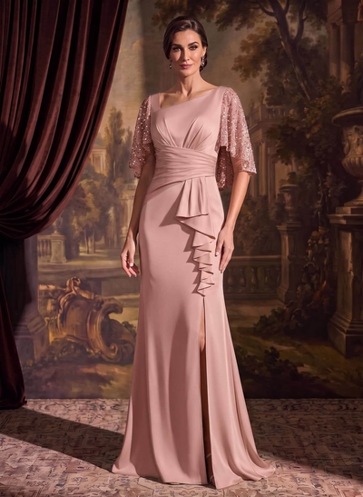 Trumpet/Mermaid Square Neckline Half Sleeve Floor-Length Crepe Satin Mother of the Bride Dresses with Front Slit/Sequins