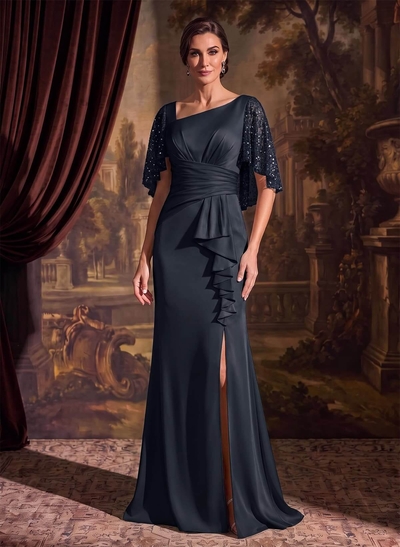 Trumpet/Mermaid Square Neckline 1/2 Sleeves Floor-Length Crepe Satin Mother Of The Bride Dresses With Split Front/Sequins